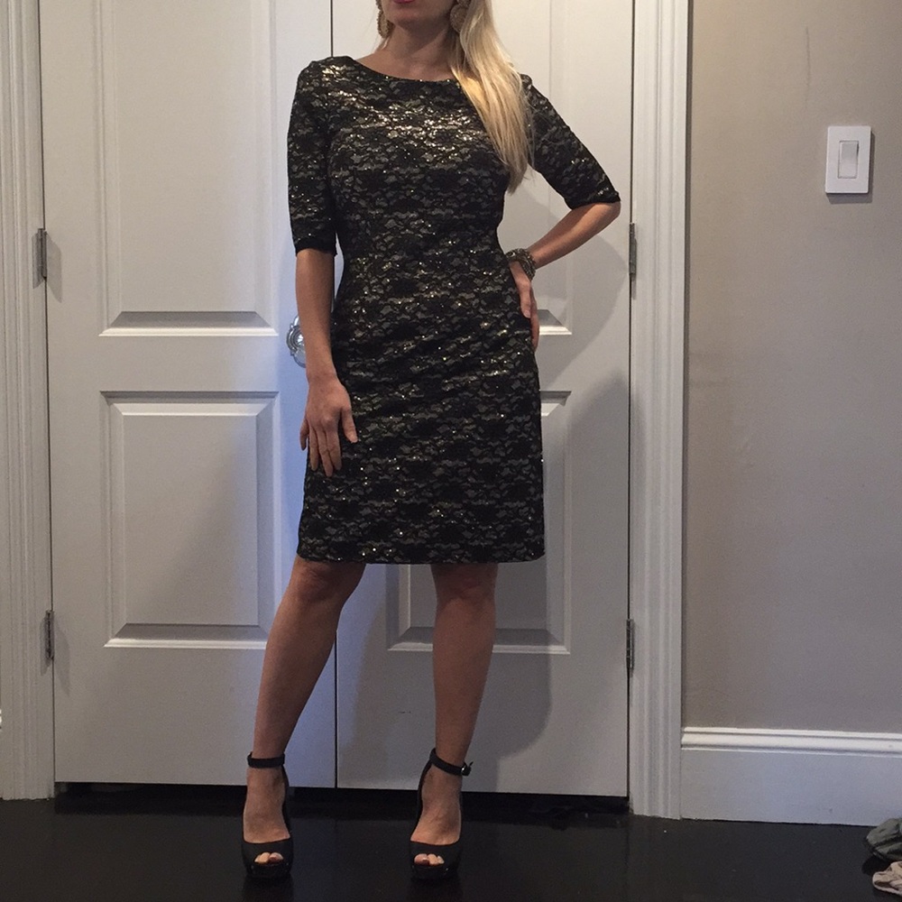 Eliza J black and gold embroidered lace dress